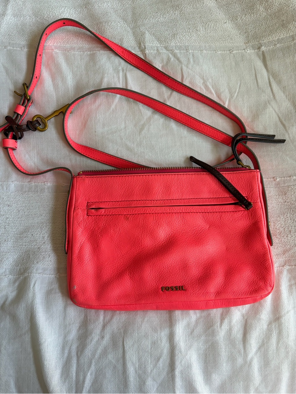 Fossil Neon Coral Leather Crossbody Bag